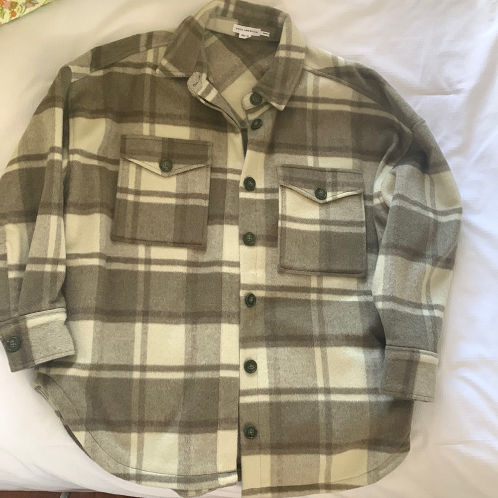 Good American Cream and Brown Plaid Utility Jacket